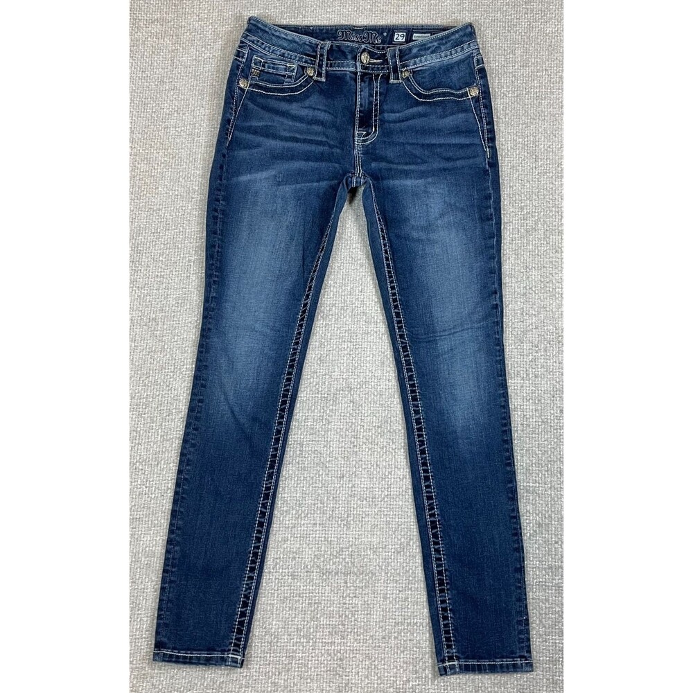Miss Me Jeans Women's 29 (29x28) Super Skinny Mid Rise Embellished Stretch Denim